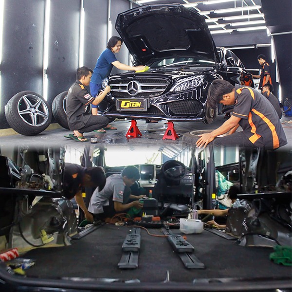 Para teknisi yang tengah mengerjakan coating dan perawatan mobil premium di Mark Academy.