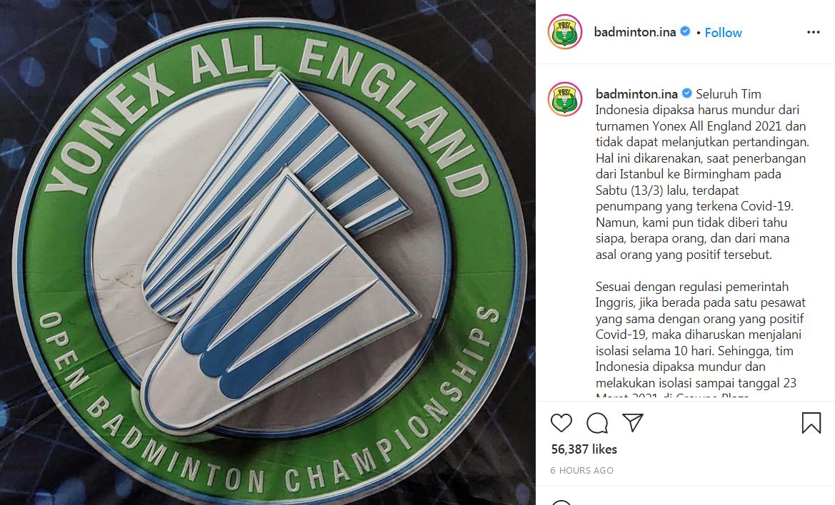 Pernyataan PBSI di Instagram terkait dipaksa mundurnya timnas Indonesia dari ajang All England.