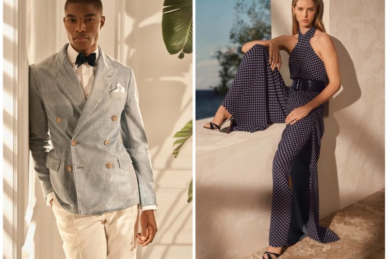 Model mengenakan busana karya rumah mode Ralph Lauren untuk koleksi Musim Semi 2021. 