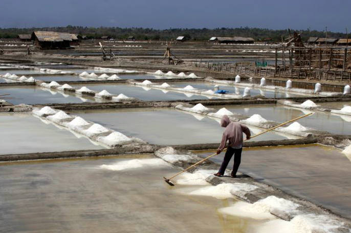 Petani memanen garam di Kelurahan Pallengu, Bangkala, Jeneponto, Sulawesi Selatan.