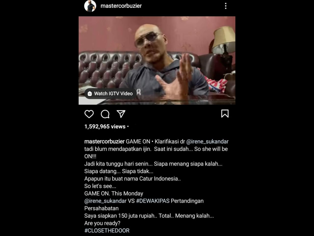 Deddy Corbuzier Siapkan 150 Juta untuk Duel Dewa Kipas Vs GM Irene