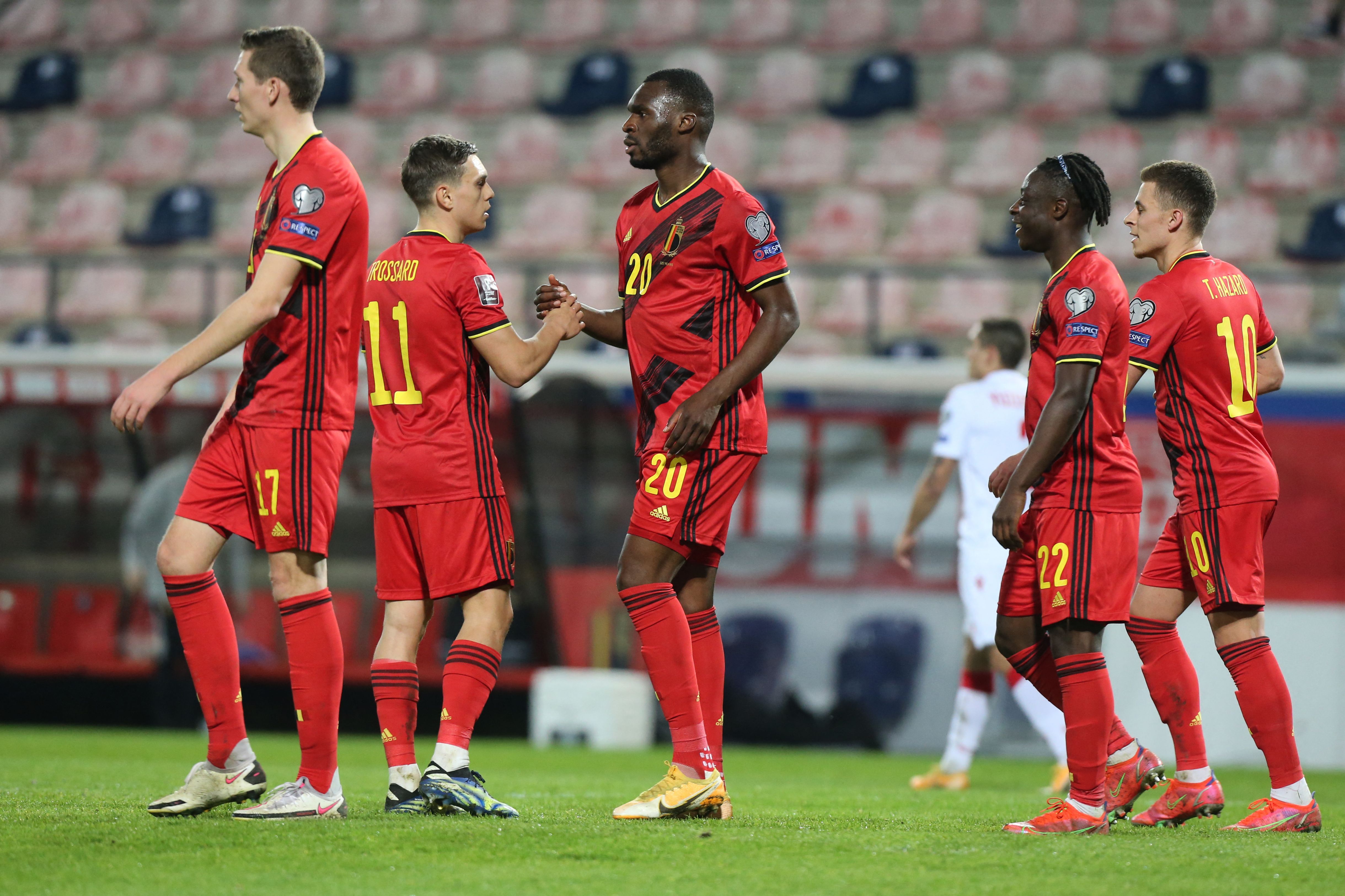 Para pemain Belgia melakukan selebrasi usai mencetak gol ke gawang Belarus di laga kualifikasi Piala Dunia.