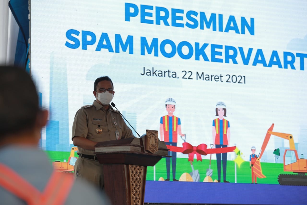 Gubernur DKI Jakarta Anies Baswedan saat meresmikan SPAM Mookervart.