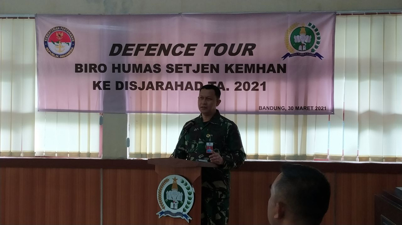 Kepala Biro Humas Sekretariat Jenderal Kemhan, Marsma TNI Penny Rajendra di Dinas Sejarah Angkatan Darat, Selasa (30/3).