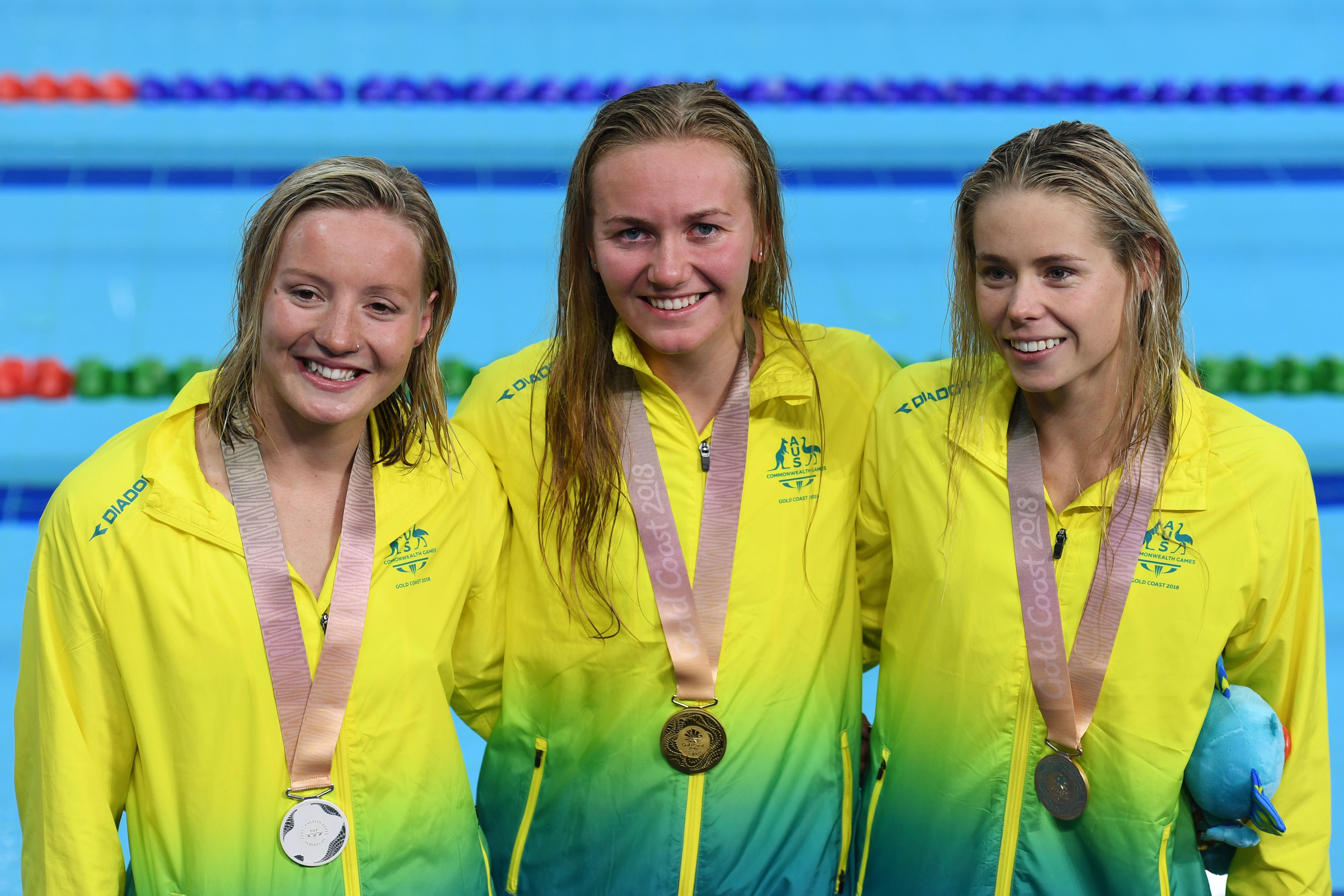 Tiga perenang Australia gaya bebas 800 m yakni dari kiri Jessica Ashwood,  Ariarne Titmus, dan Kiah Melverton siap ikut Olimpiade Tokyo.