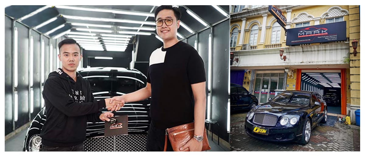 Pengusaha bengkel coating Nicholas Theodore Santoso (kiri) berpose bersama Richard Muljadi di tempat usahanya Mark Auto Detailing.