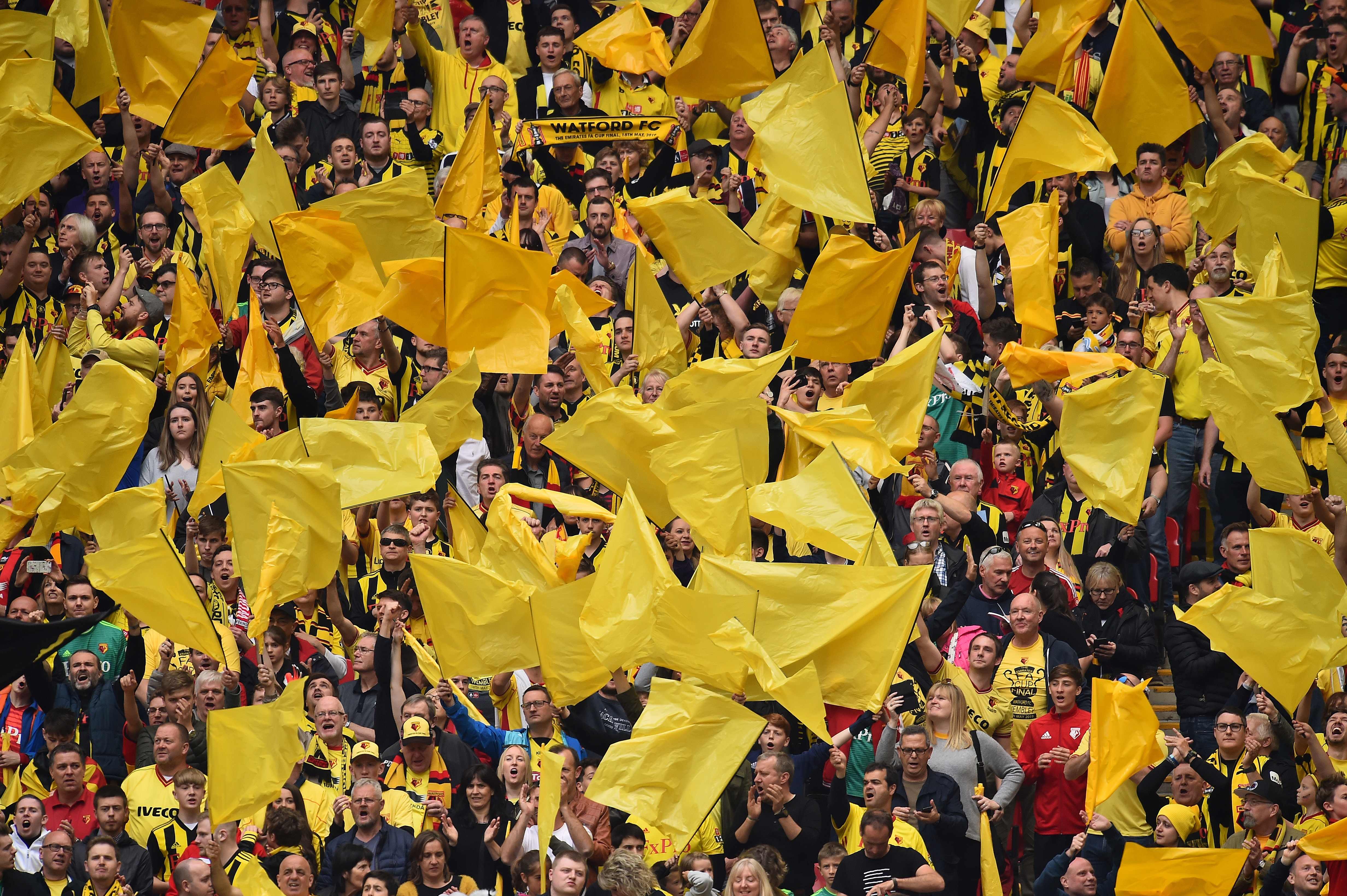 Ilustrasi--pendukung Watford menyaksikan laga Piala FA di Stadion Wembley.