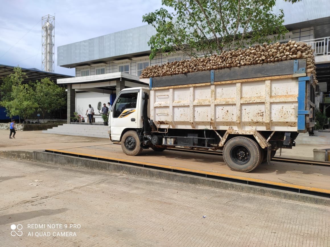 Truk berisi tumpukan singkong untuk bahan baku tapioka parkir di depan PT Bangka Asindo Agri, Bangka