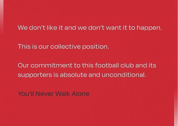 Pesan penolakan Liga Super Eropa yang diunggah para pemain Liverpool.