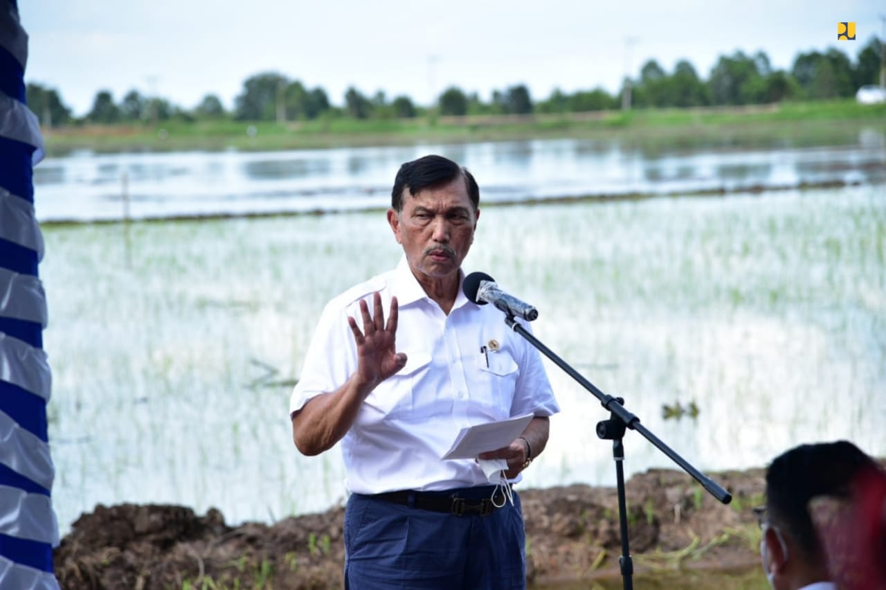 Menko Luhut Binsar Pandjaitan meninjau lokasi pengembangan lumbung pangan baru atau food estate di  Kapuas, Kalteng, (Selasa (6/4/2021).