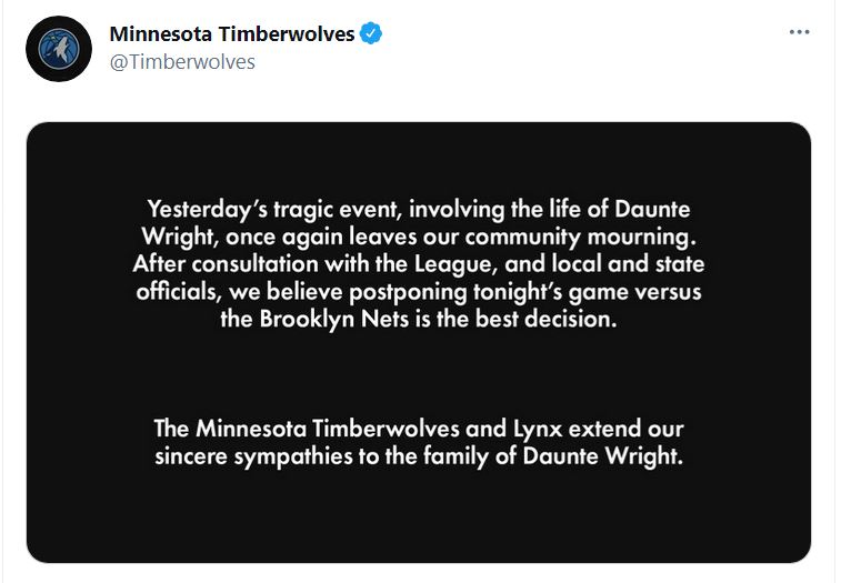 Tangkapan layar dari akun Twitter klub NBA Minnesota Timberwolves mengenai pembatalan laga akibat penembakan di kota itu.