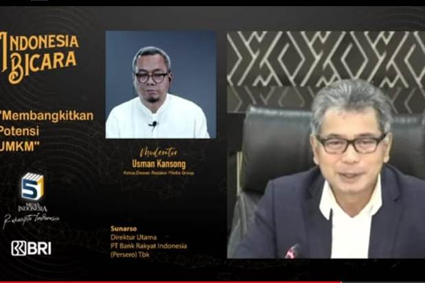 Direktur Utama PT BRI Sunarso bersama Ketua Dewan Redaksi Media Group Usman Kansong dalam Indonesia Bicara, Kamis (1/4).