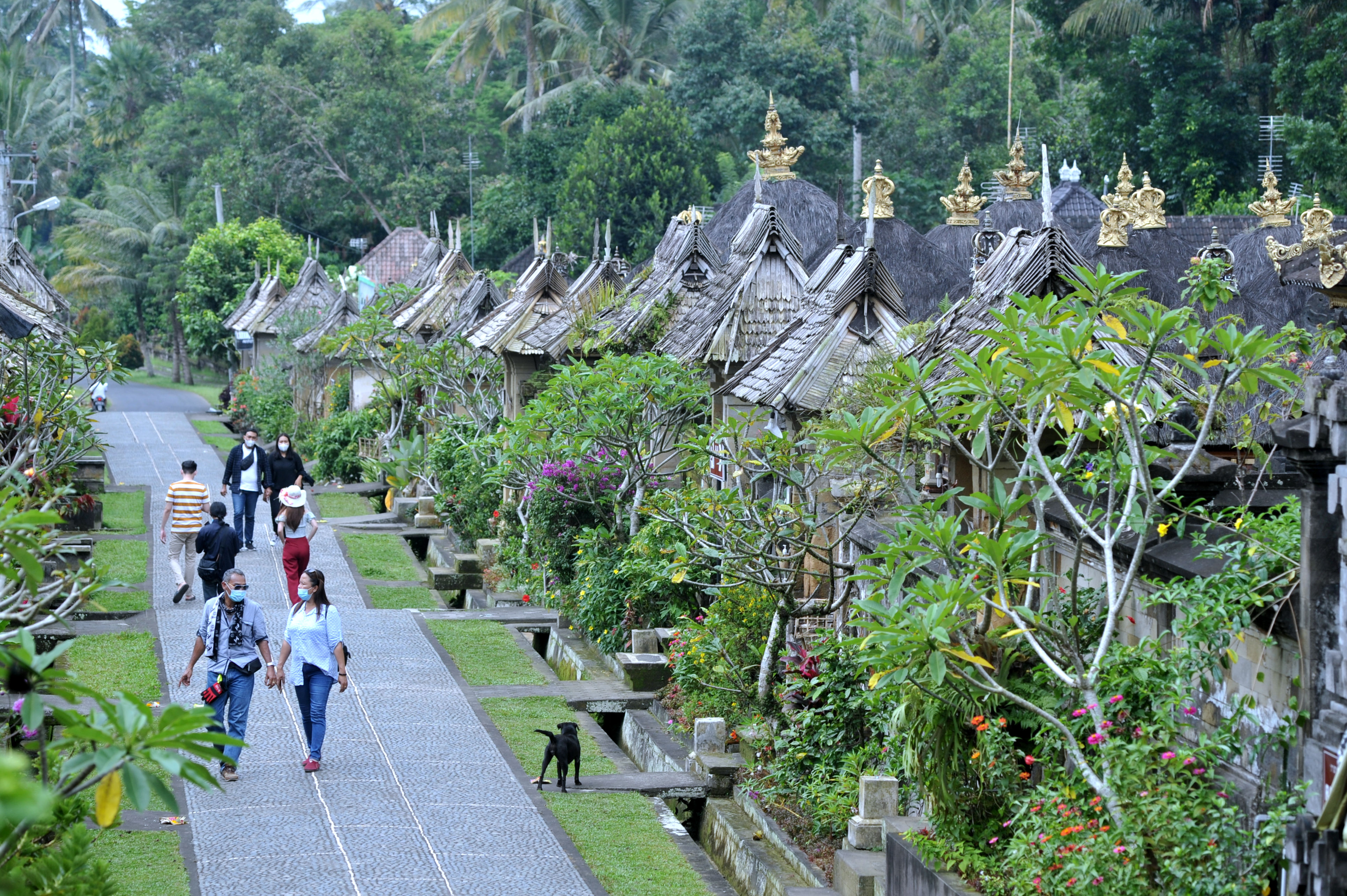 Wisatawan berjalan di sekitar deretan rumah tradisional di Desa Wisata Penglipuran, Bangli, Bali, Jumat (26/2/2021).
