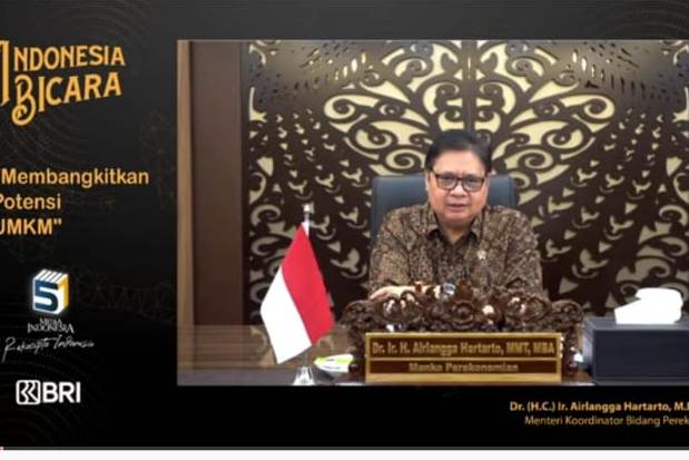 Menteri Koordinator Bidang Perekonomian Airlangga Hartarto dalam sambutan di Indonesia Bicara, Kamis (1/4).