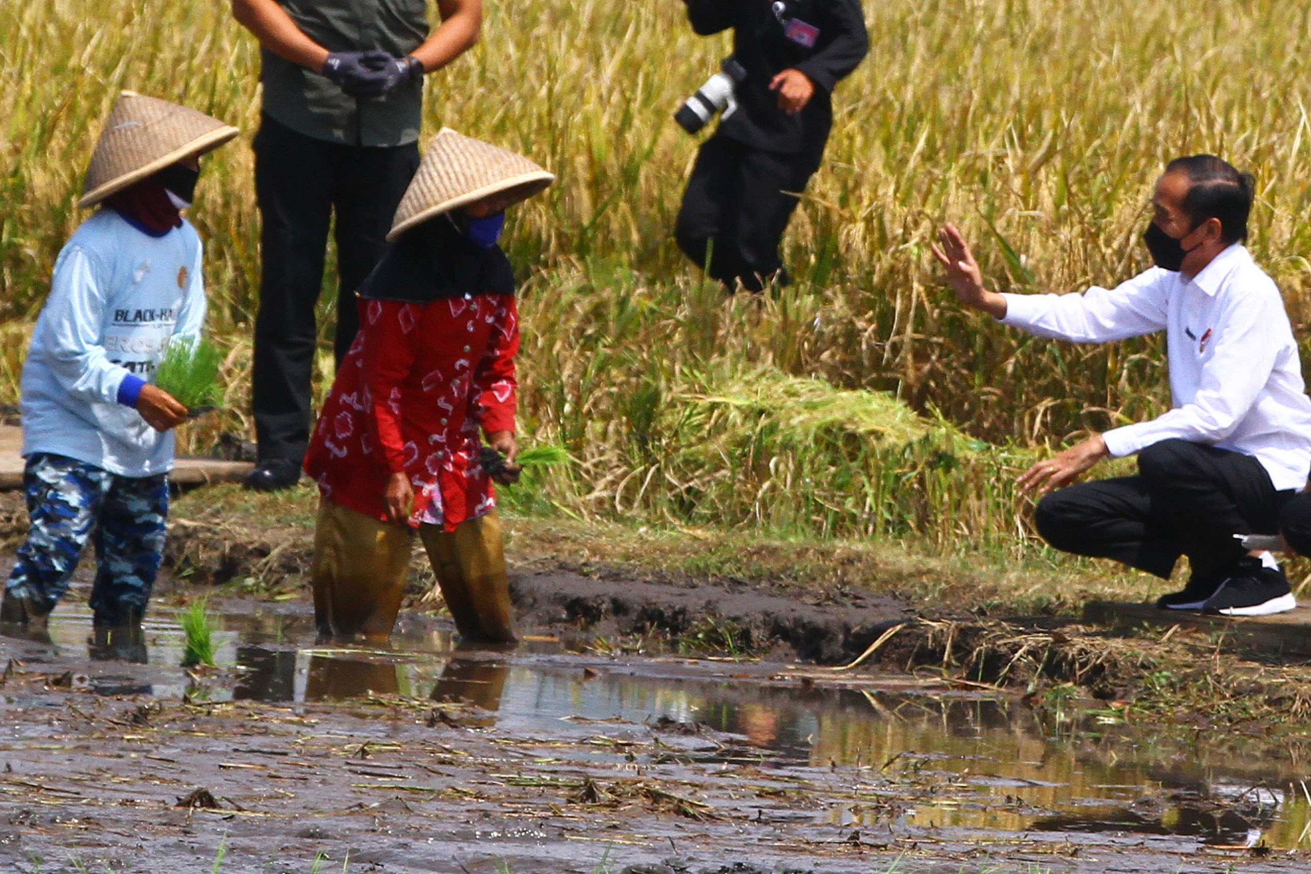 Presiden Joko Widodo (kanan) berdialog dengan petani dalam Kunjungan Kerja di Kanigoro, Pagelaran, Malang, Jawa Timur, hari ini.