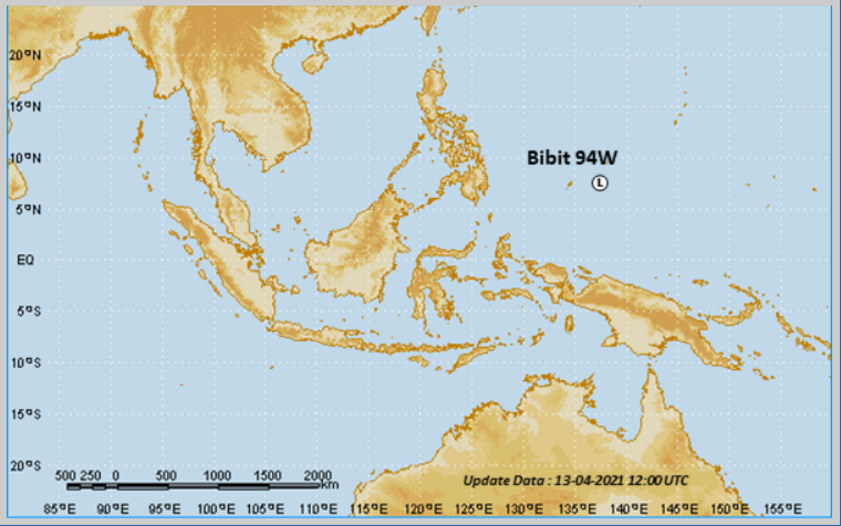 Lokasi terkini bibit siklon tropis 94 W pada Selasa, 13 April 2021 pukul 22.16 WIB.