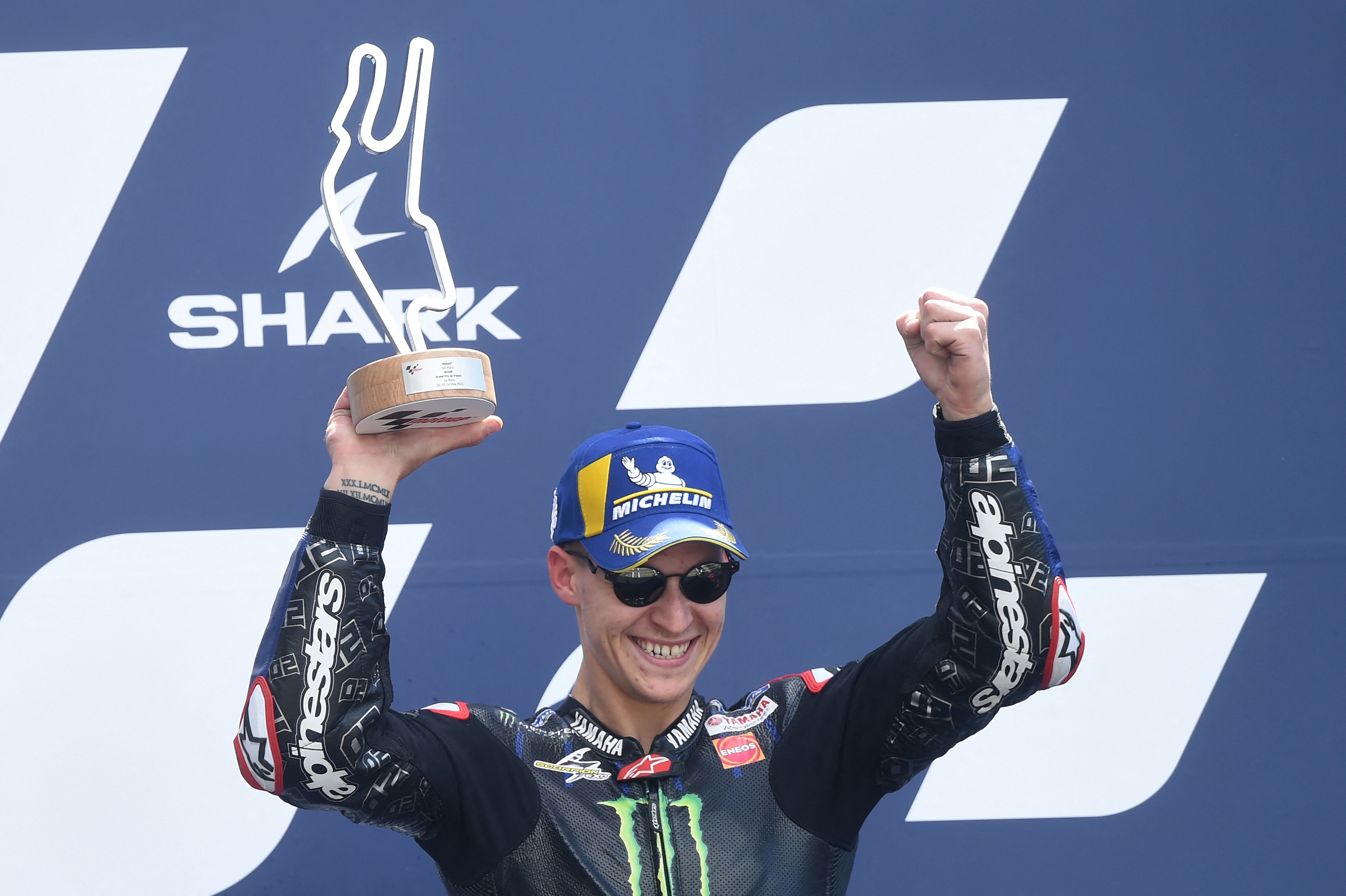 Pembalap Monster Energy Yamaha Fabio Quartararo merayakan keberhasilannya finis ketiga di GP Prancis.