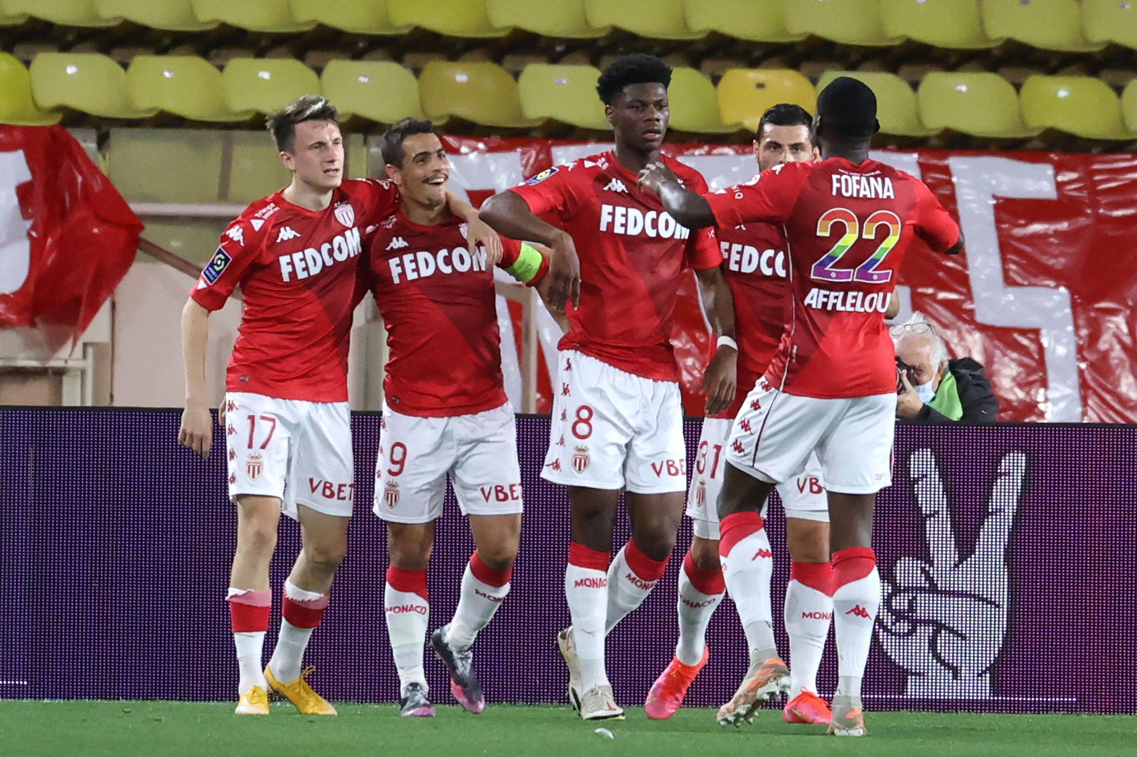 Para pemain Monaco melakukan selebrasi usai mencetak gol ke gawang Rennes di laga Ligue 1.
