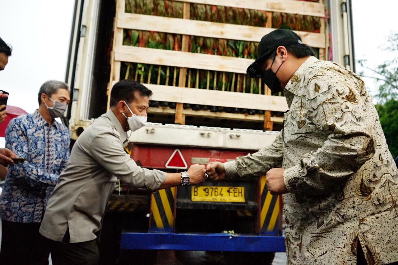 Mentan Syarul Yasin Limpo bersama Menko Perekonomian Airlangga Hartarto melepas ekspor florikultura dan benih sayuran ke 20 negara. 