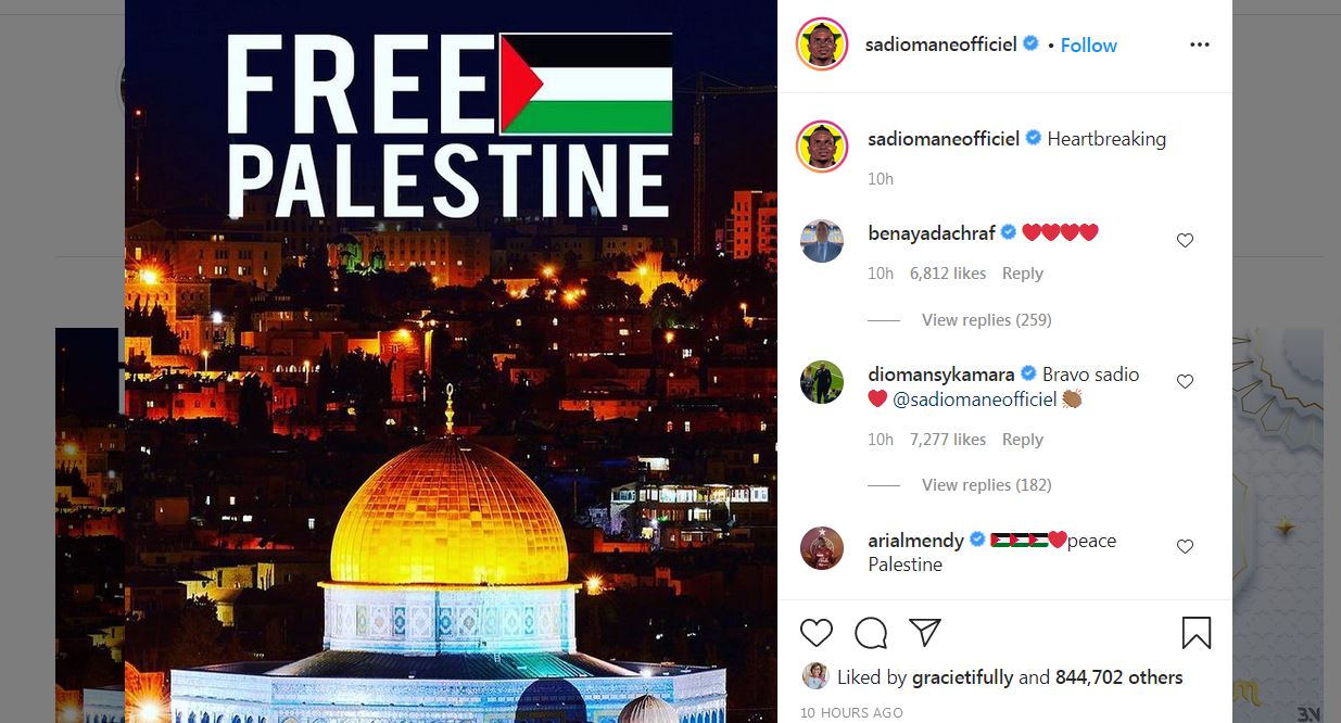 Tangkapan layar dukungan Sadio Mane terhadap Palestina di Instagram.
