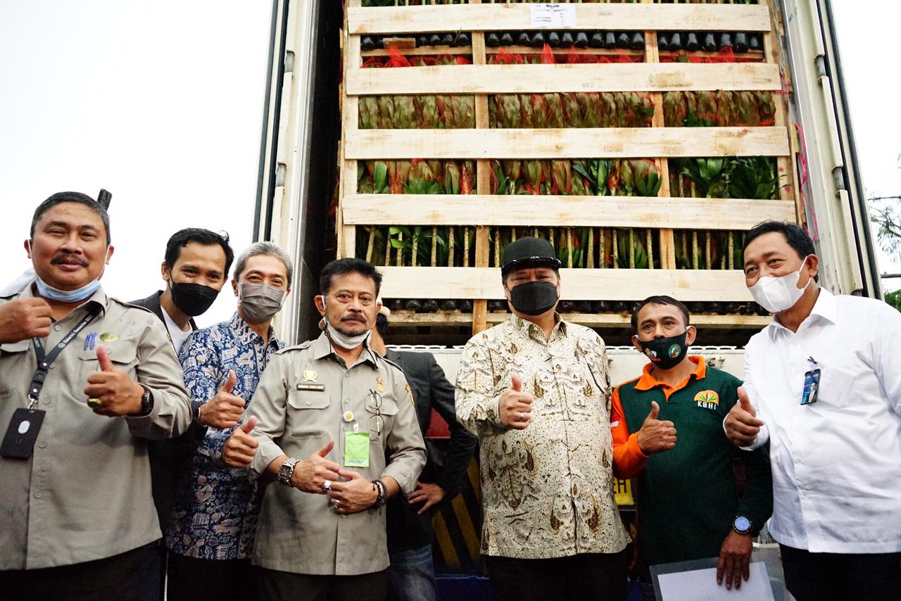 Mentan Syahrul Yasin Limpo dan Menko Perekonomian Airlangga Hartarto lepas ekspor tanaman hias dari Bogor, Jawa Barat, Kamis (6/5).  