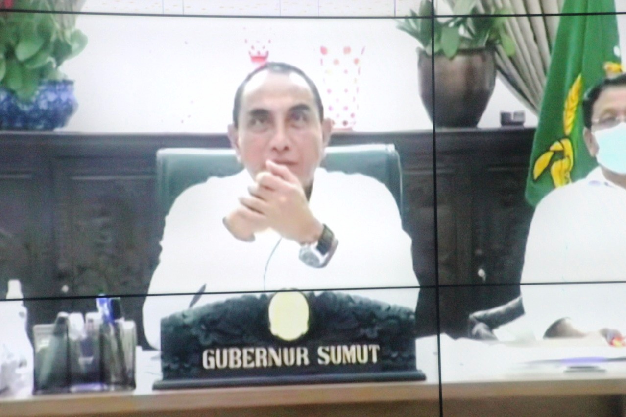 Gubernur Sumut Edy Rahmayadi saat memimpin Rakor Penanganan Covid-19 Sumut dengan seluruh bupati/wali kota se-Sumut secara virtual.