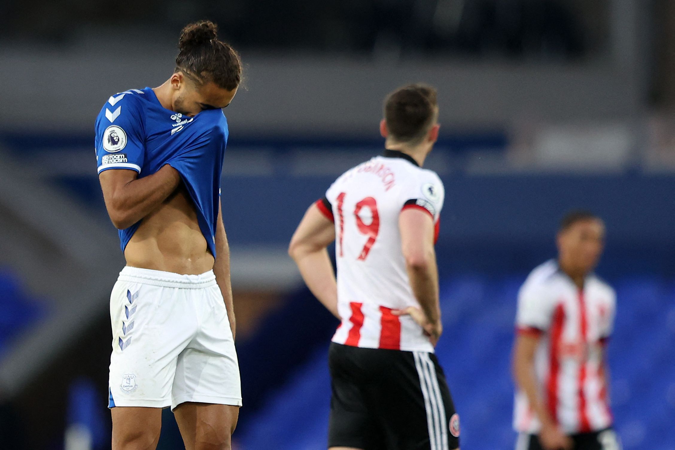 Penyerang Everton Dominic Calvert-Lewin bereaksi usai the Toffees dikalahkan Sheffield United di Goodison Park.