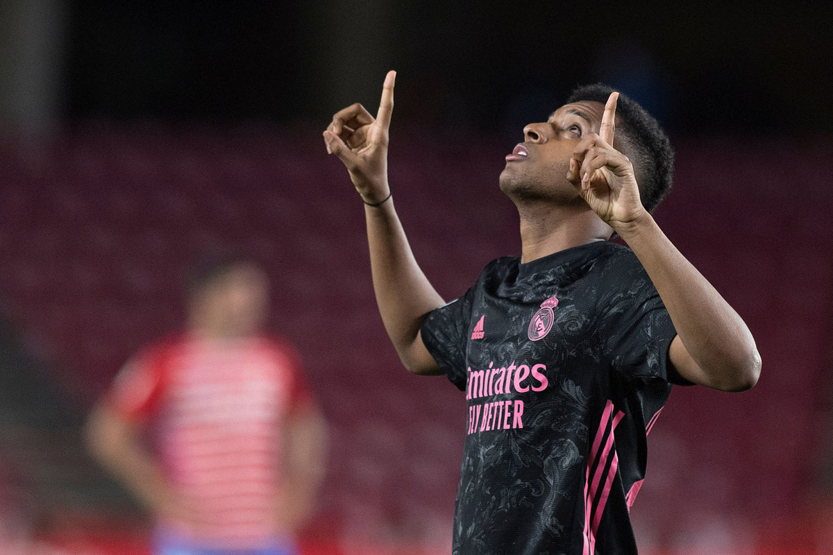 Rodrygo mencetak satu gol kemenangan 4-1 Real Madrid atas Granada dalam lanjutan La Liga Spanyol, Jumat (14/5).