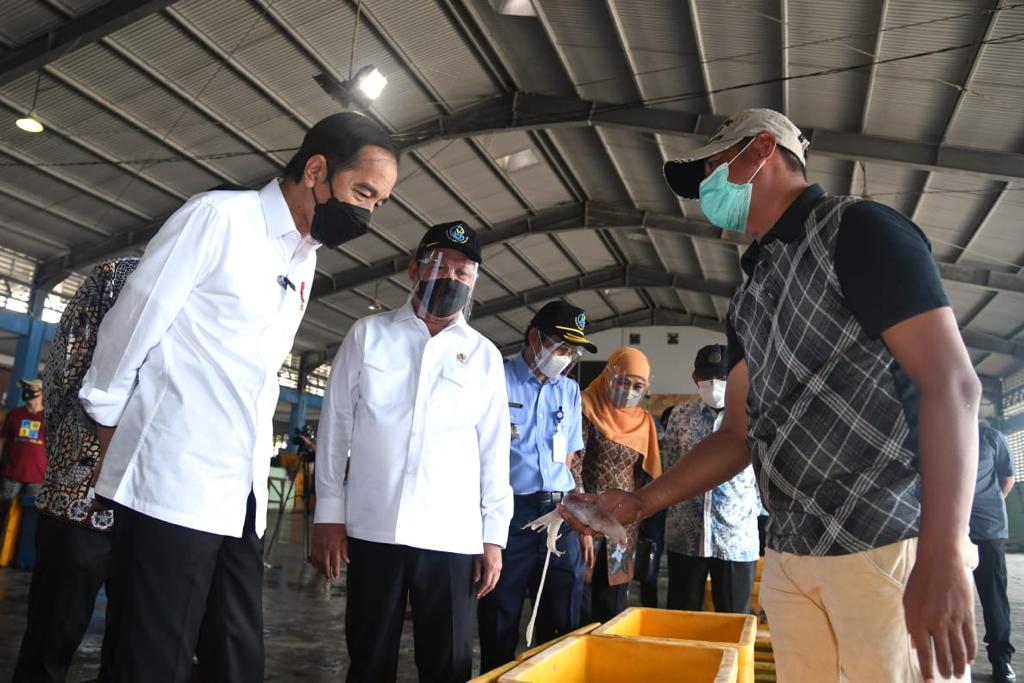 Presiden Jokowi saat meninjau pusat pemasaran dan distribusi ikan di Lamongan, Jawa Timur.