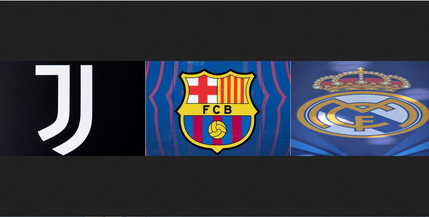 Foto kombinasi yang menampilkan logo Juventus, Barcelona, dan Real Madrid.