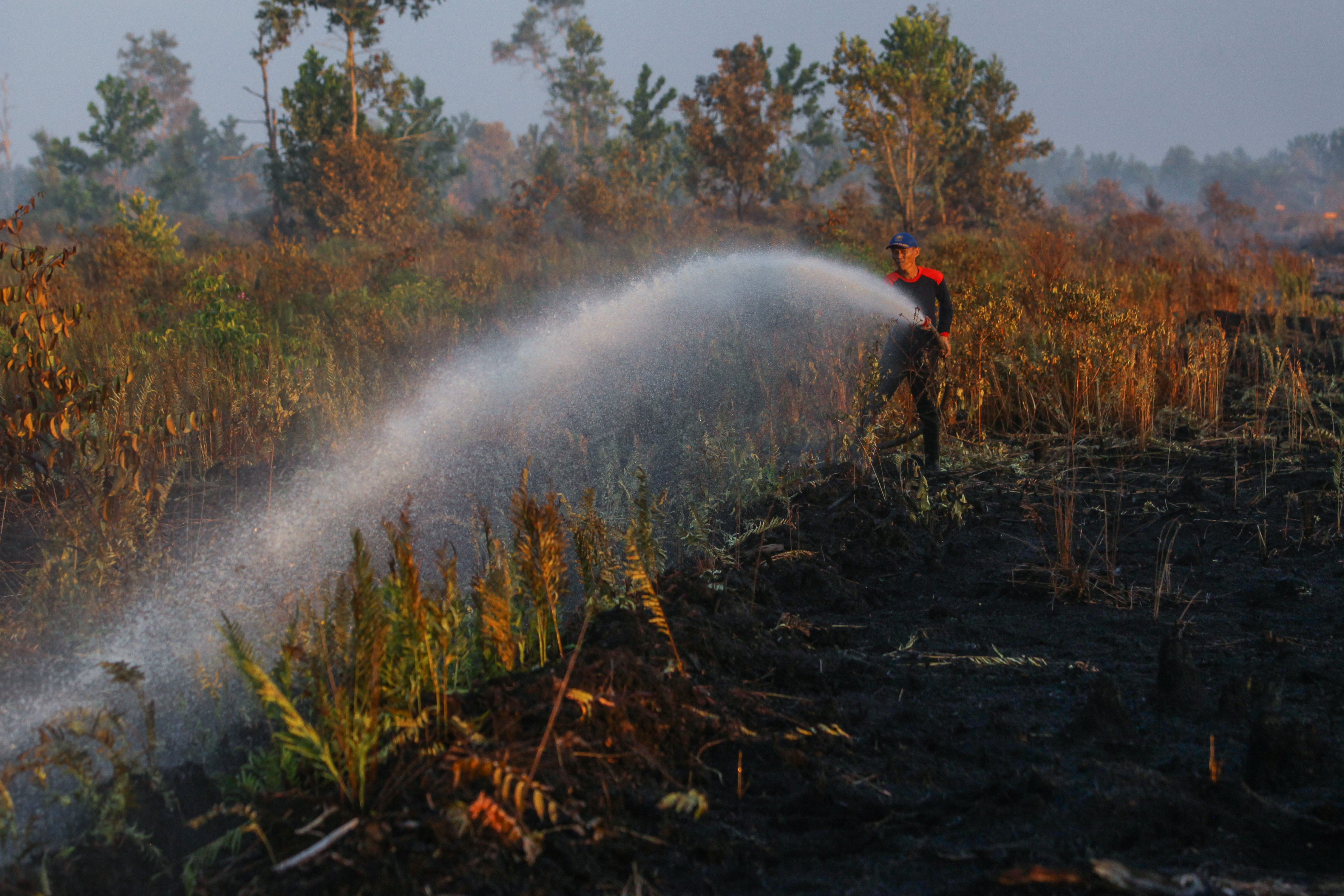  Petugas pemadam kebakaran melakukan proses pendinginan lahan gambut yang terbakar di wilayah Jalan Dulin Kandang, Palangkaraya, Kalteng.