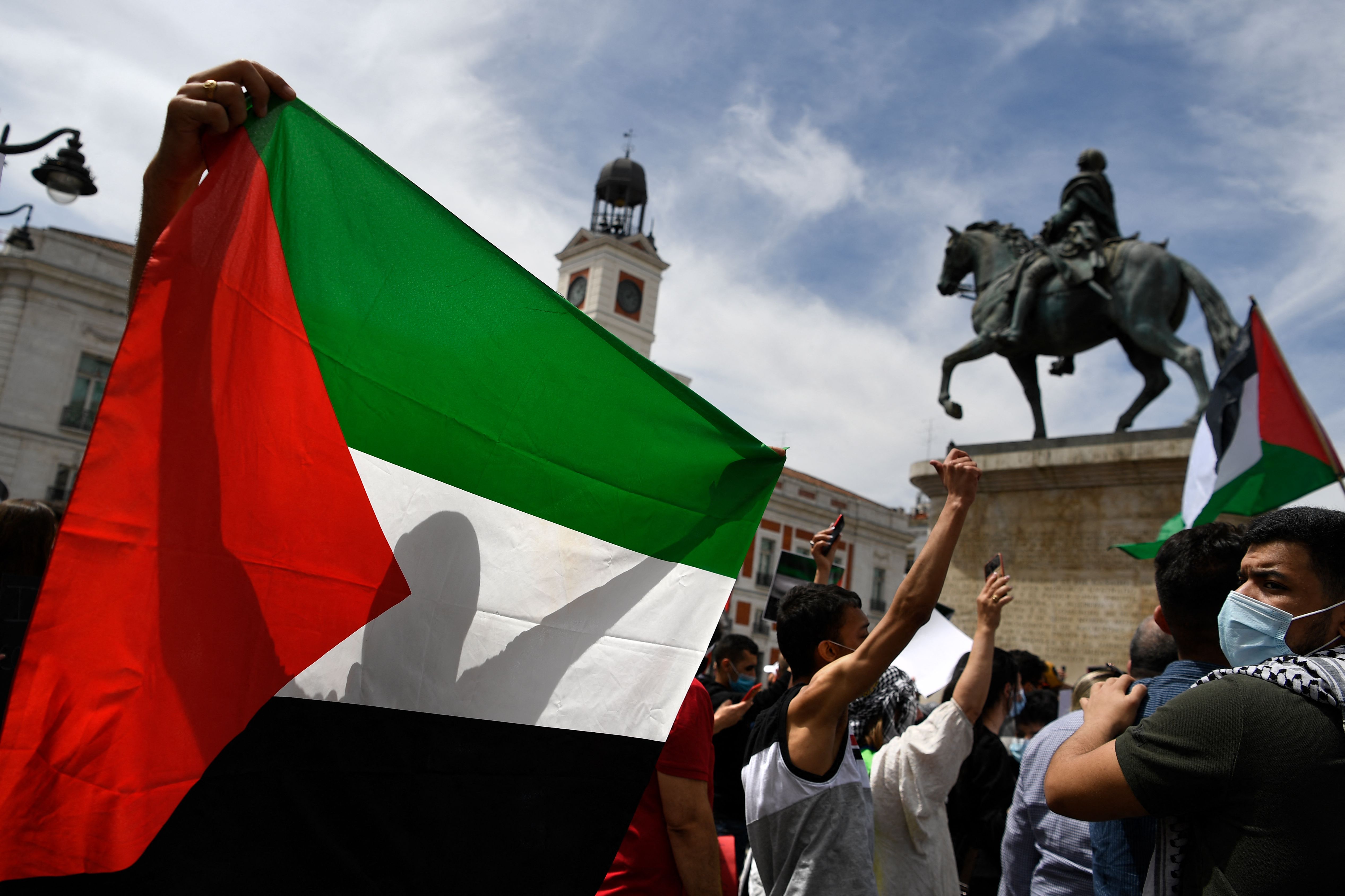 Demontrasi menentang agresi Israel ke Palestina di Madrid, Spanyol, Minggu (WIB, 16/5/2021)