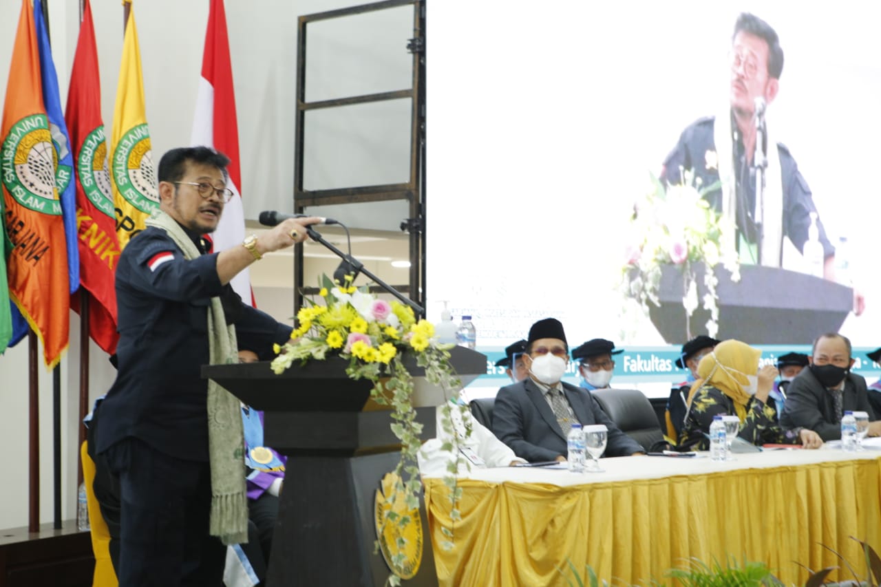  Mentan Syahrul Yasin Limpo dalam Orasi Ilmiah Dies Natalis ke-55 Universitas Islam Makassar (UIM) di Makassar, Sulsel, Sabtu (5/6).
