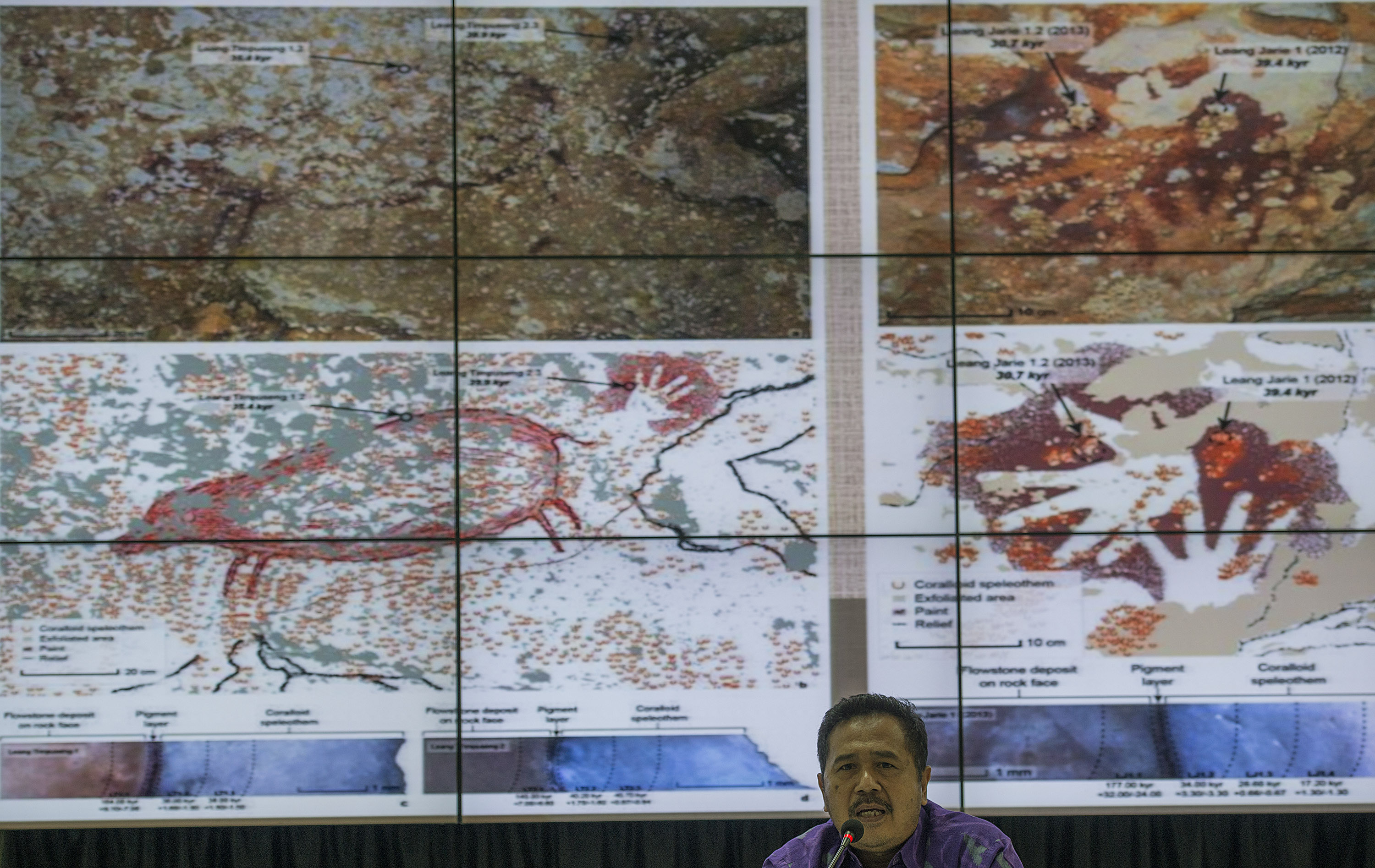 Kepala Pusat Arkeologi Nasional I Made Geria memberikan keterangan pers soal penemuan lukisan gua di gedung Pusat Arkeologi Nasional