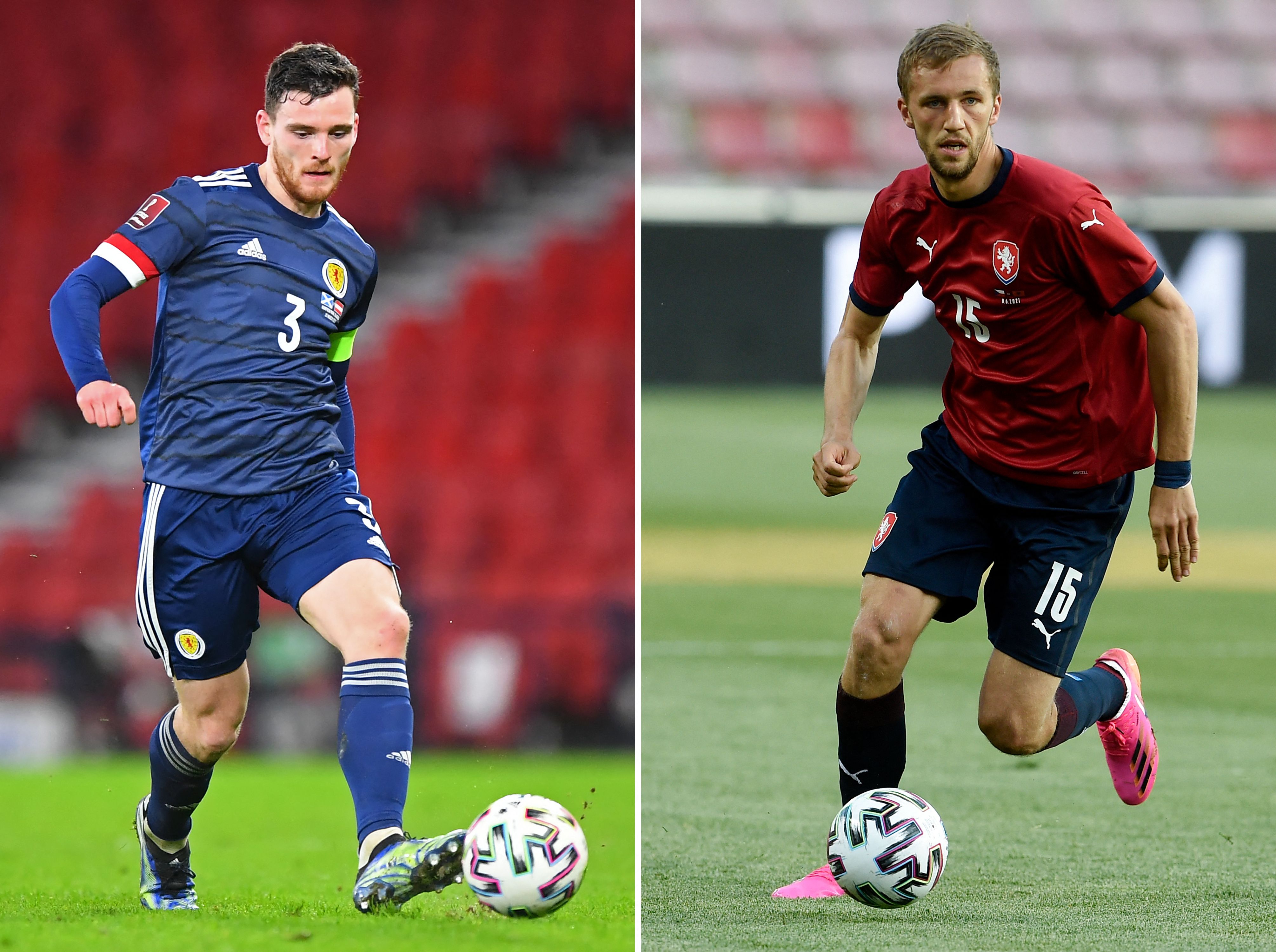 Kombinasi foto pemain Timnas Skotlandia Andrew Robertson (kiri) dan pemain Timnas Ceko Tomas Soucek