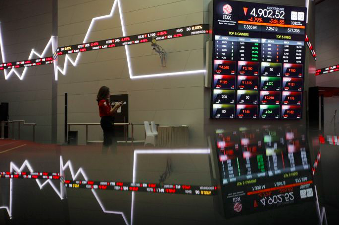 Karyawan mengamati layar pergerakan perdagangan saham di Bursa Efek Indonesia, Jakarta, Kamis (10/9/2020)