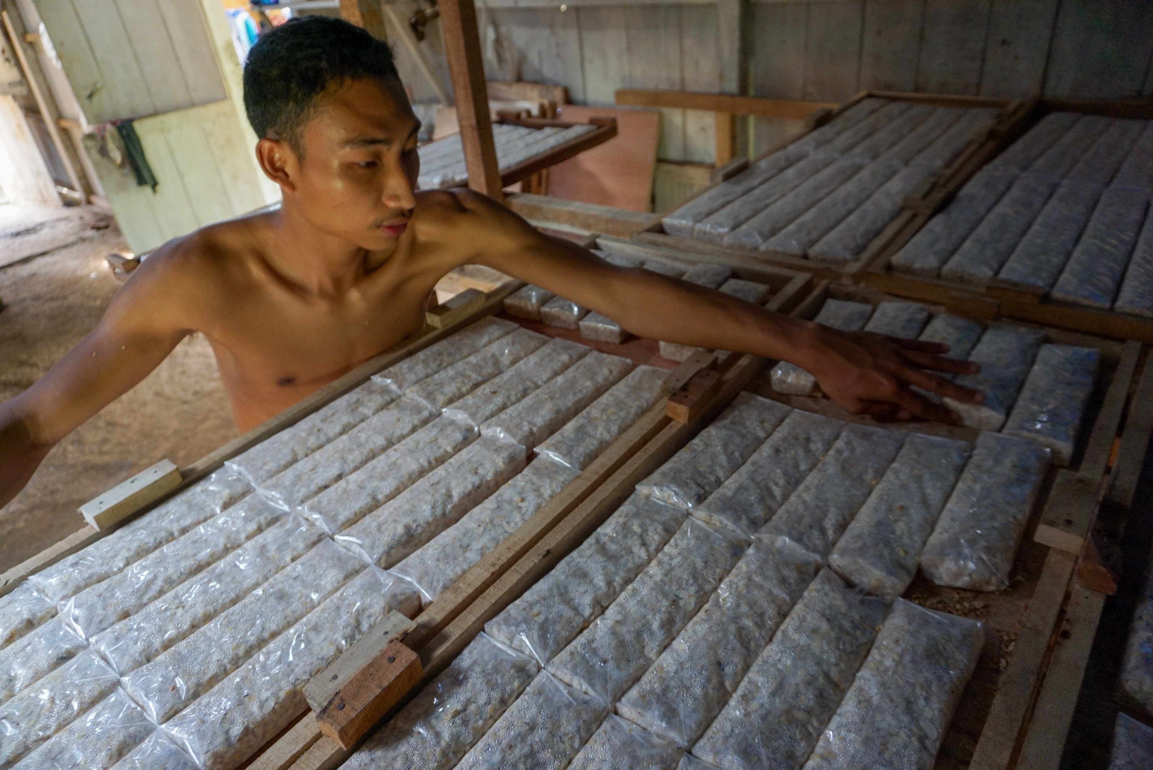 Pekerja memproduksi tempe dari bahan kedelai  di Desa Selo, Kendal, Jawa Tengah.