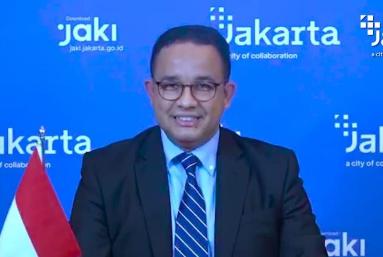 Gubernur DKI Jakarta Anies Baswedan saat menyampaikan gagasan di forum internasional secara virtual. 