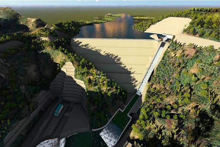 Desain animasi Bendungan Bener yang akan jadi bendungan tertinggi di Indonesia.