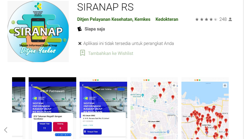 Tampilan aplikasi Siranap besutan Kemenkes.
