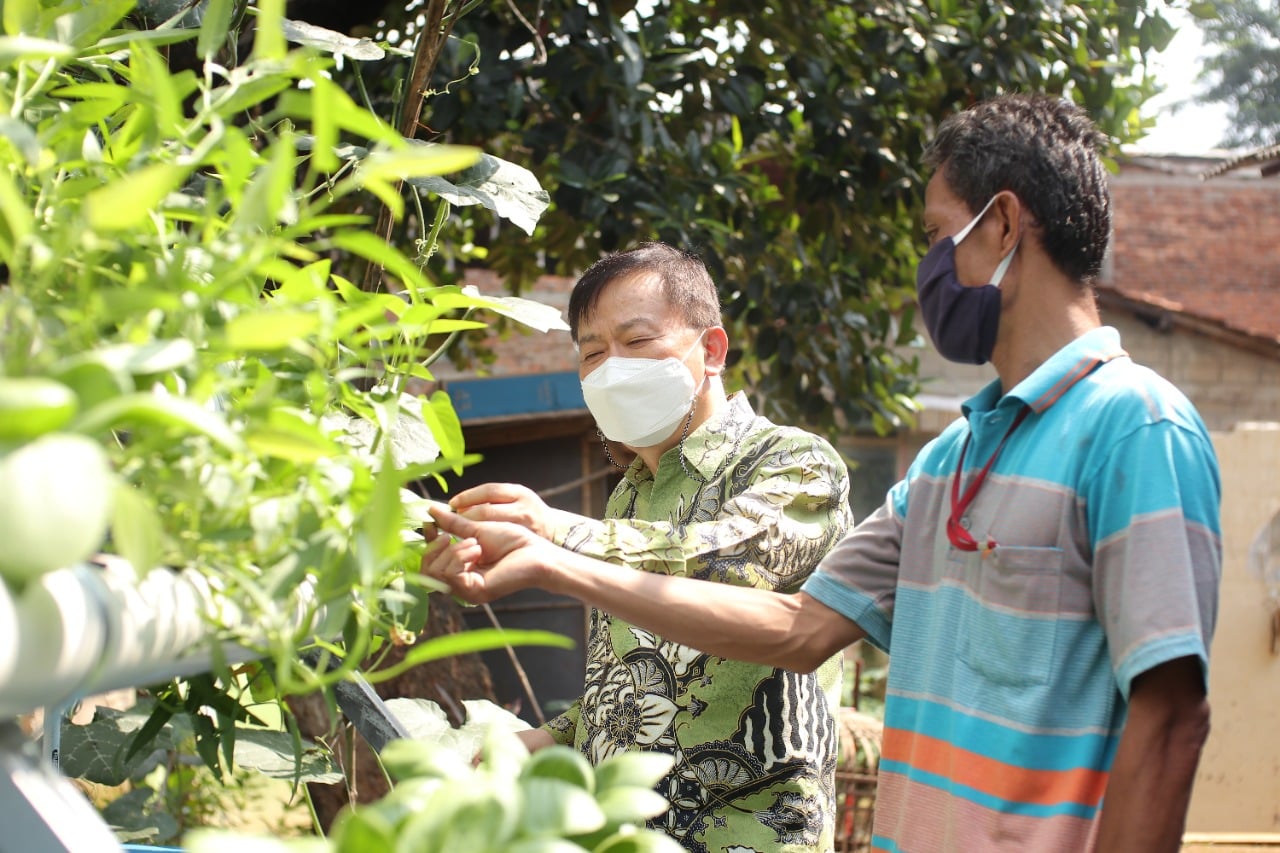  Sekjen Yayasan Korindo Seo Jeong Sik (kiri) saat meninjau instalasi hidroponik di Kelurahan Pengadegan, Jakarta Selatan