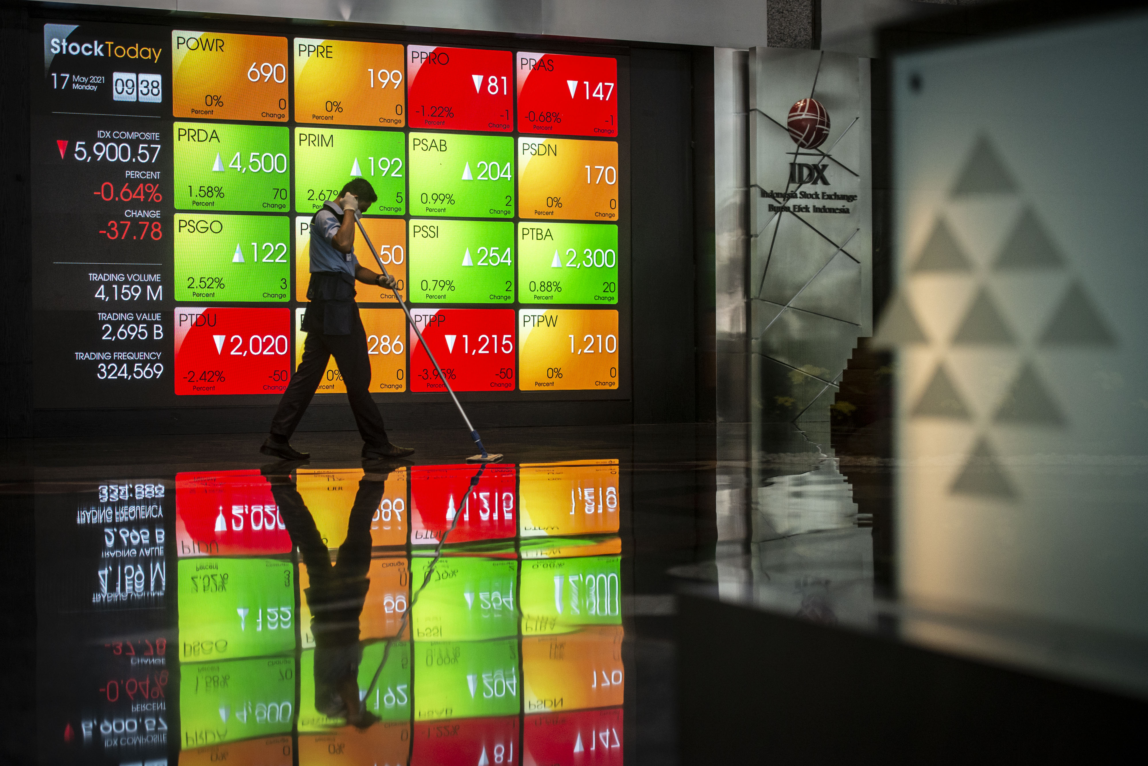  Petugas kebersihan melintas di depan layar Indeks Harga Saham Gabungan (IHSG), di Bursa Efek Indonesia, Jakarta.