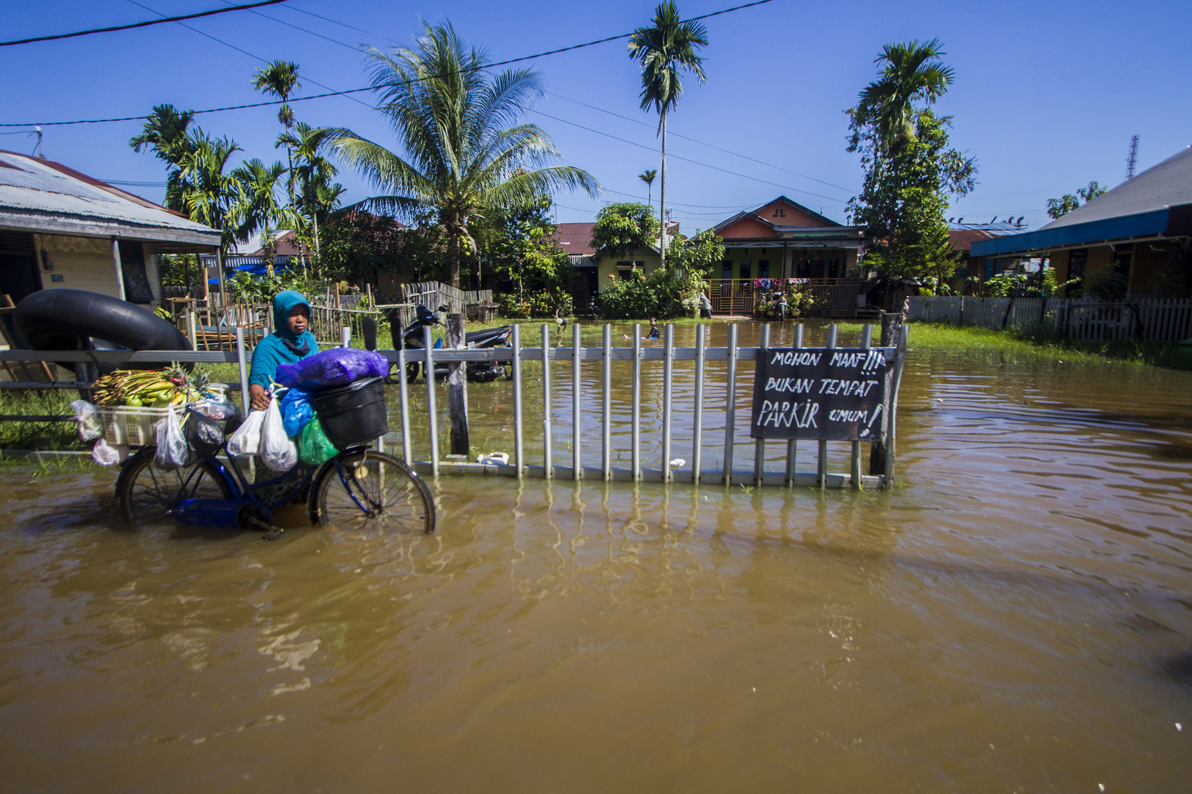 Seorang warga menuntun sepedanya menorobos banjir yang menggenangi jalan Bandarmasih di Banjarmasin, Kalimantan Selatan, Selasa (1/6/2021). 
