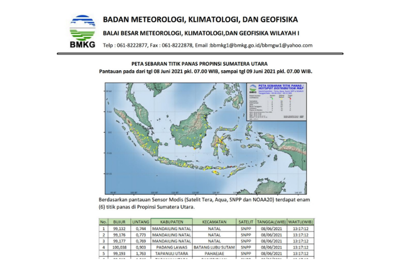 BMKG melaporkan adanya enam titik panas di Sumatera Utara, Rabu (9/6)