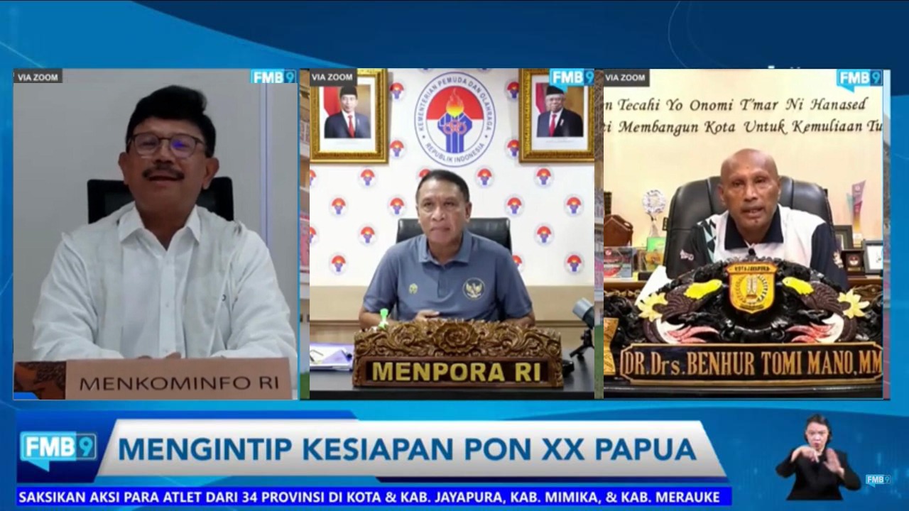 Diskusi Media Forum Merdeka Barat 9 yang menghadirkan Menkominfo Johnny G Plate, Menpora Zainudin Amali, & Wali Kota Jayapura Benhur Tomi. 