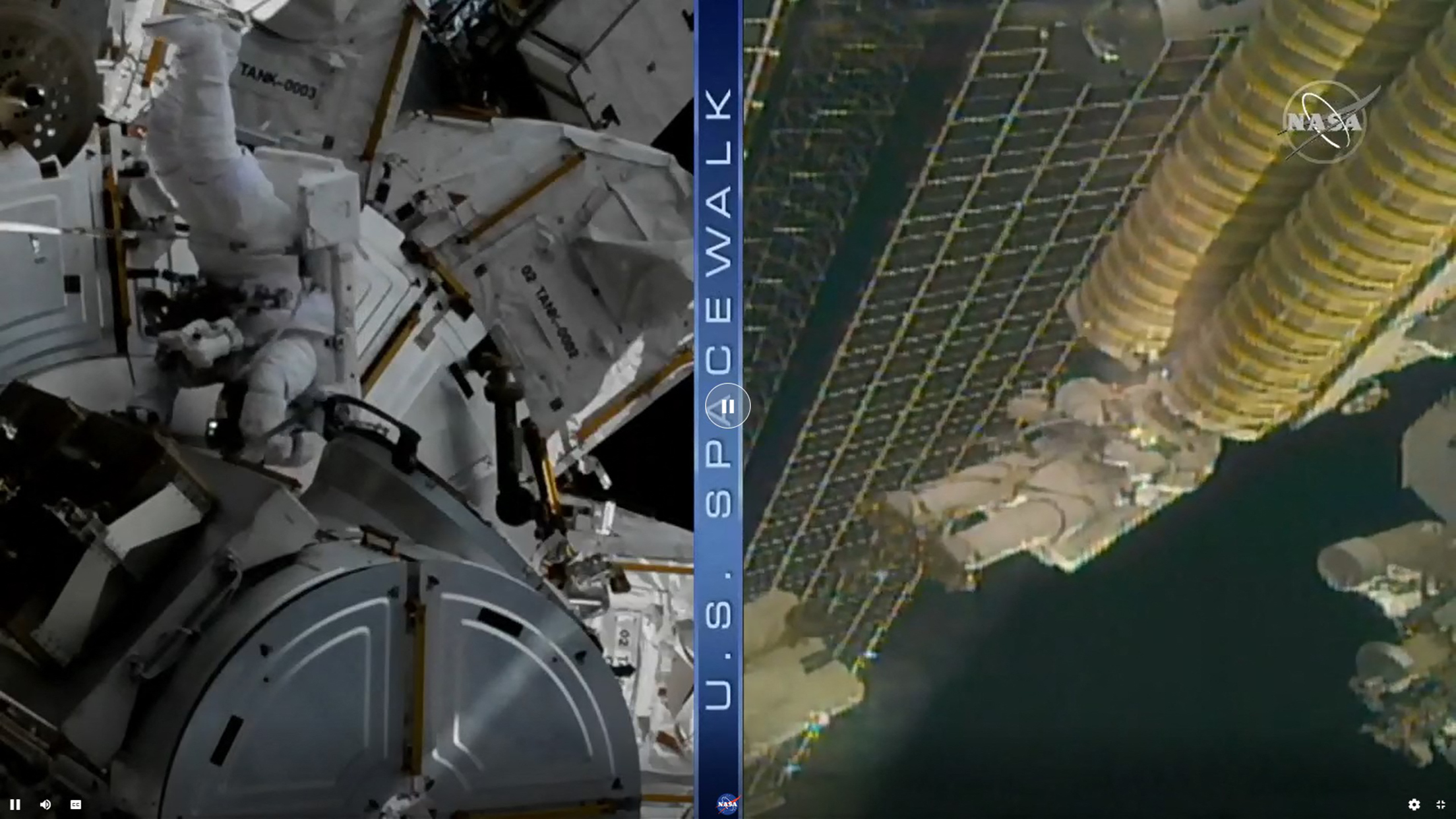 Tangkapan layar dari NASA TV yang memperlihatkan dua astronaut memasang panel surya di ISS.