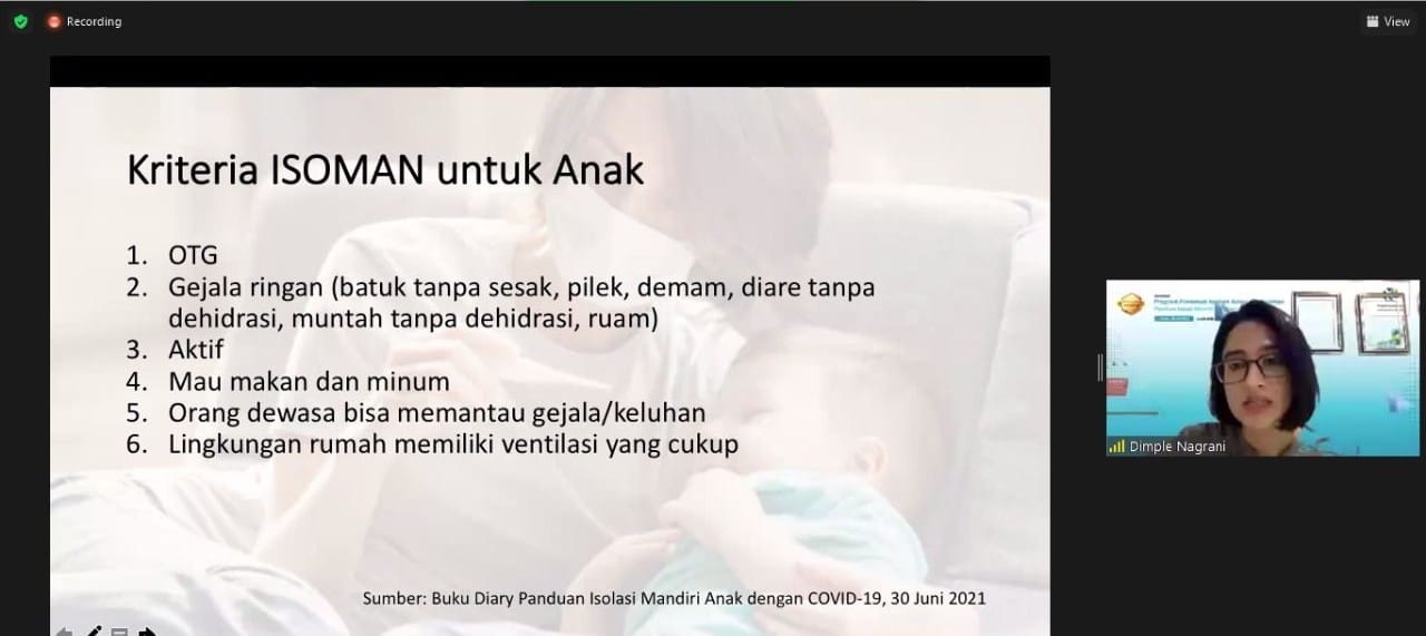 Dokter spesialis anak dari RSIA Bunda Jakarta dr. Dimple Gobind Nagrani, Sp.A, memberi penjelasan pada webinar tentang isoman.