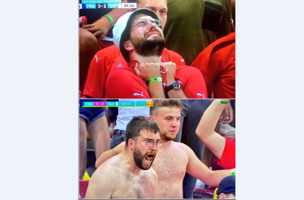 Ekspresi  Luca Loutenbach saat menyaksikan laga 16 besar Piala Eropa antara Swiss dan Prancis.