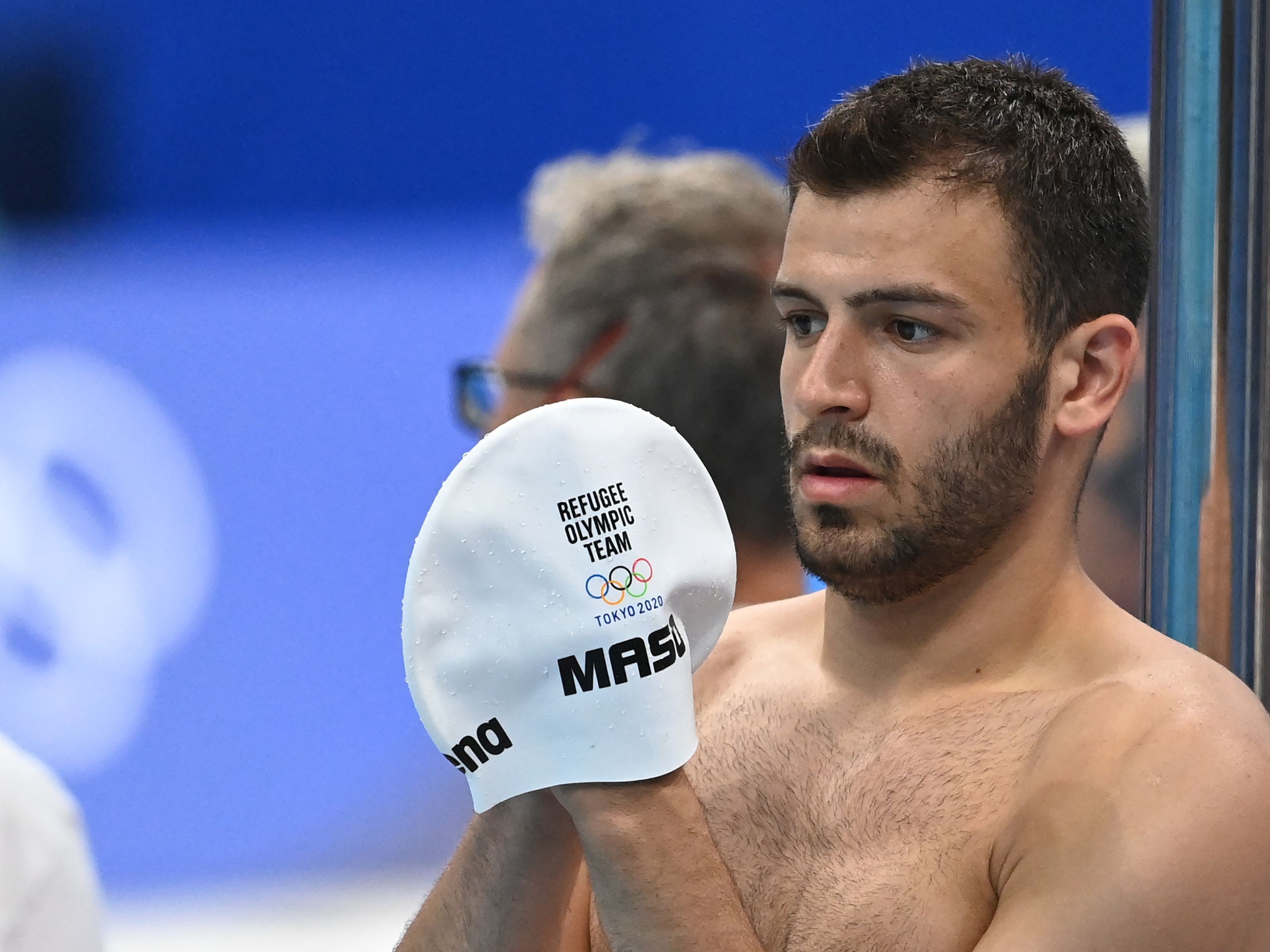 Tim Olimpiade Pengungsi IOC Alaa Maso, asal kota Aleppo, Suriah, menghadiri sesi latihan renang di Tokyo Aquatics Center.
