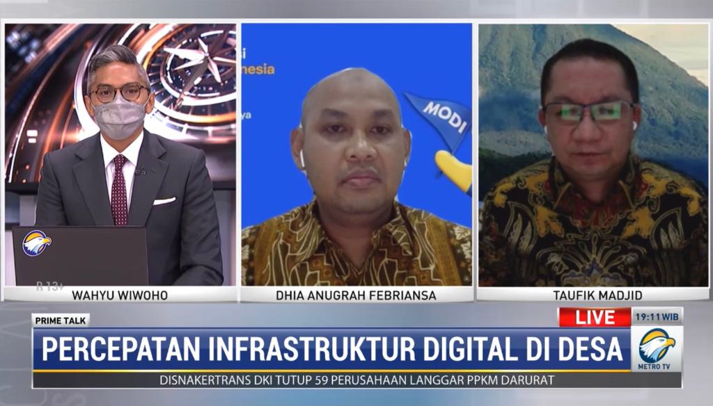 Direktur LTI Badan Usaha Bakti Kominfo Dhia Anugrah Febriansa dan Sekjen Kemendes PDTT Taufik Madjid di program Prime Talk Metro TV.